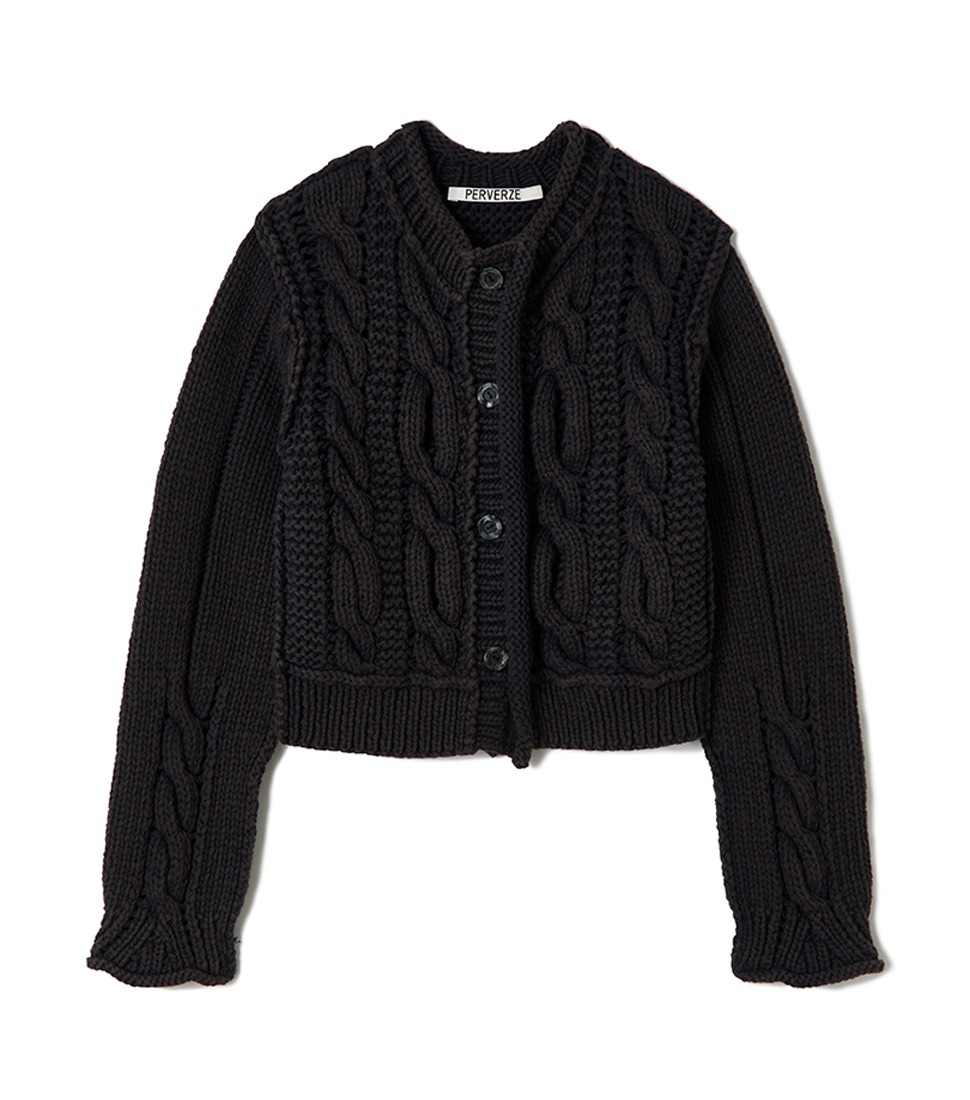 [PERVERZE]HAND CABLE WASHED KNIT CARDIGAN&#039;BLACK&#039;